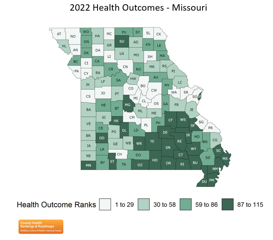 Data And Resources County Health Rankings Roadmaps 2022 Missouri Health Outcomes Map.PNG